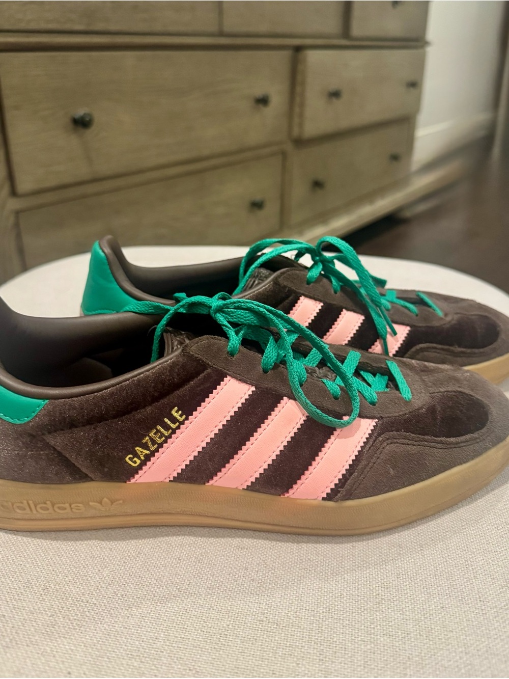 adidas Brown Suede Gazelle Sneakers with Pink Stripes and Green Accents